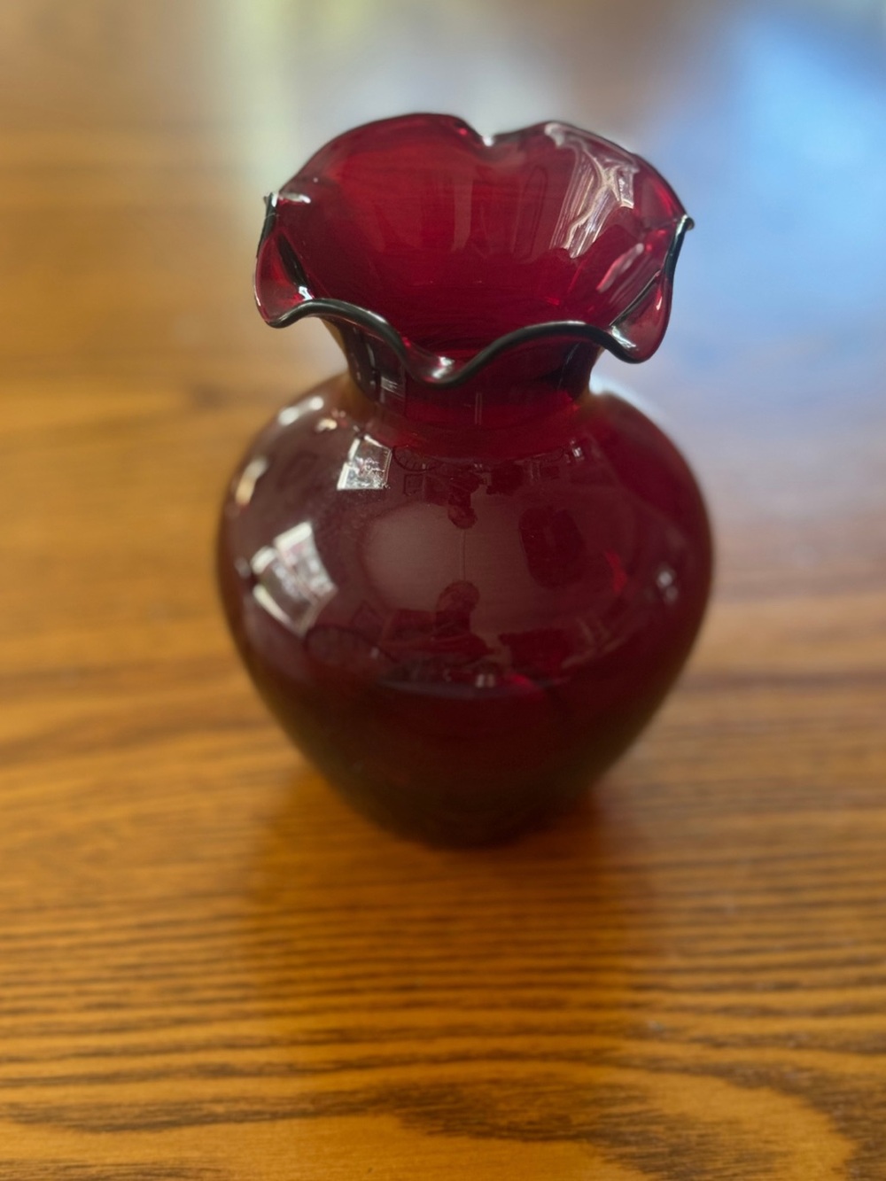 Vintage Hand Blown Ruby Red Art Glass Ruffled Vase 6” Cranberry Bud Vase